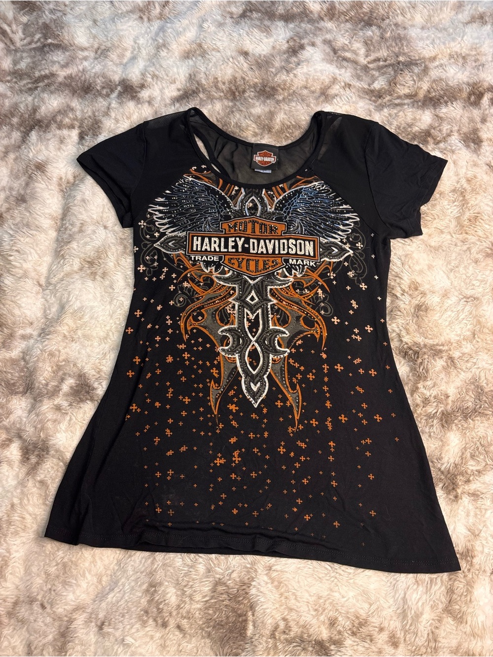 Harley‑Davidson Black Short Sleeve Graphic Tee with Orange & Silver Accents
